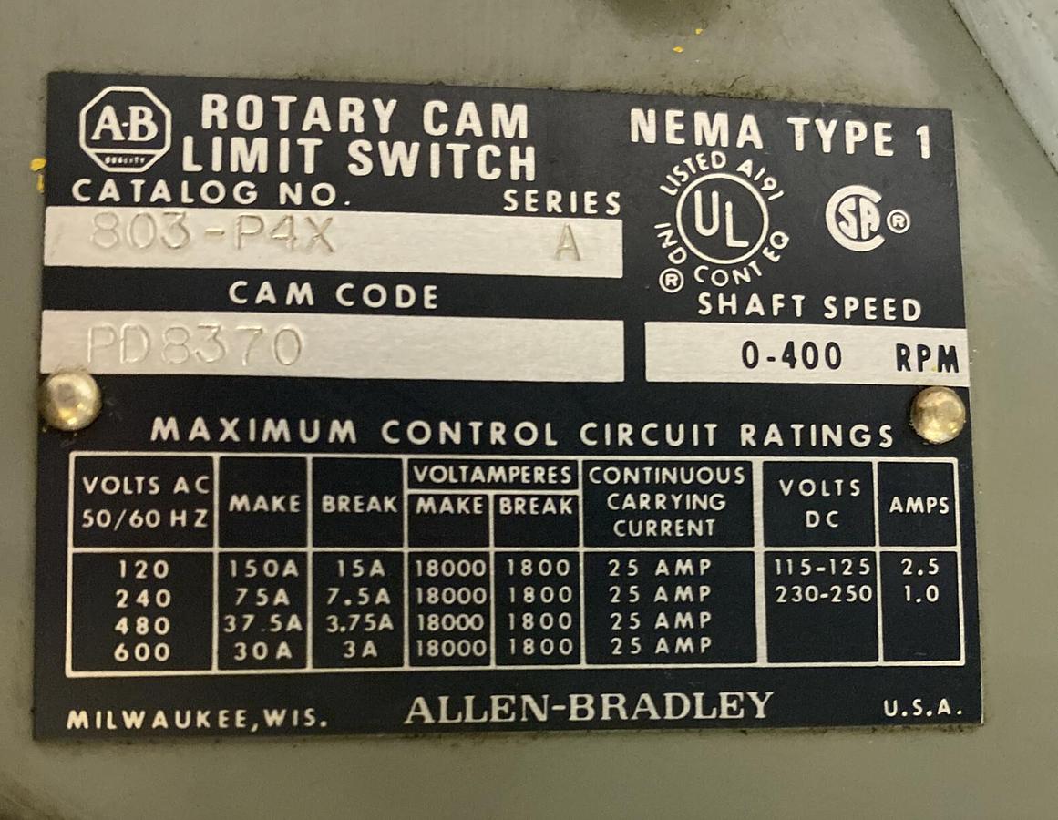 Used ALLEN BRADLEY,803-P4X,SER. A ROTARY CAM LIMIT SWITCH W/ MS670 MOTION DETECTOR