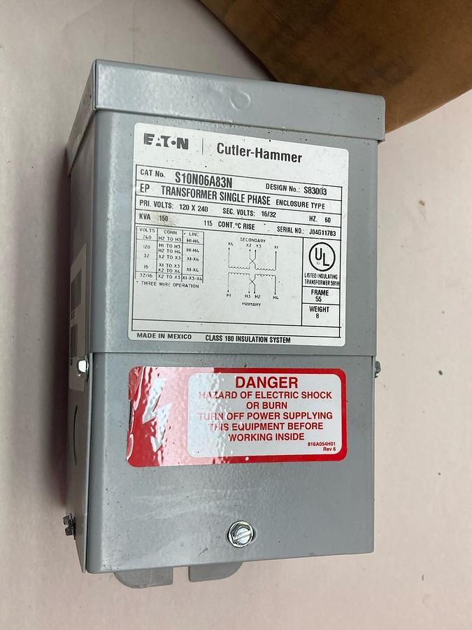 Eaton Cutler-Hammer,S10N06A83N,Single Phase Transformer 60hz 0.150KVA 16/32V