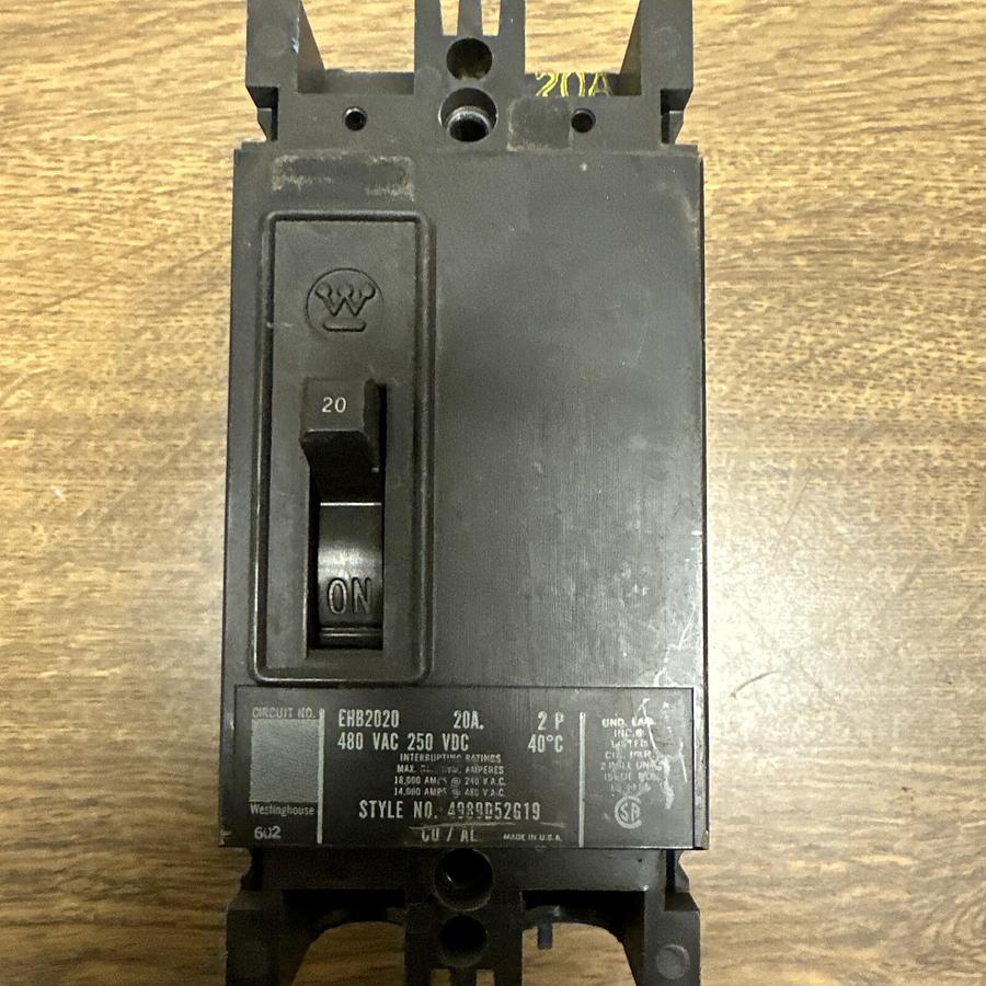 Used Westinghouse,EHB2020,2 Pole 20A Circuit Breaker