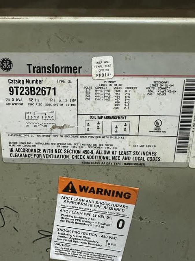 Used General Electric,9T23B2671,25 KVA Transformer HV 506-217V- LV 120/240V 1PH