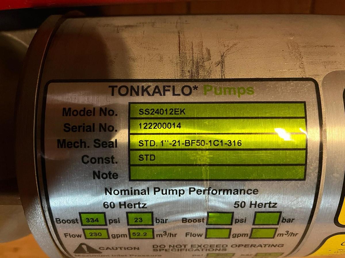 Used TONKAFLO,SS24012EK,SS WATER PUMP 3"X4" 230 GPM Shaft 1-5/8” Dia X 2.75”