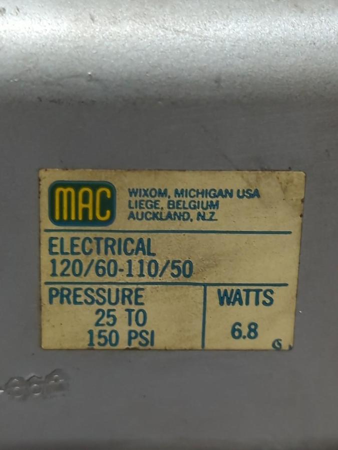 Used MAC,301G-111D-1,SOLENOID VALVE W/ MANIFOLD 150 PSI 6.8 WATT 120/110V 60/50HZ