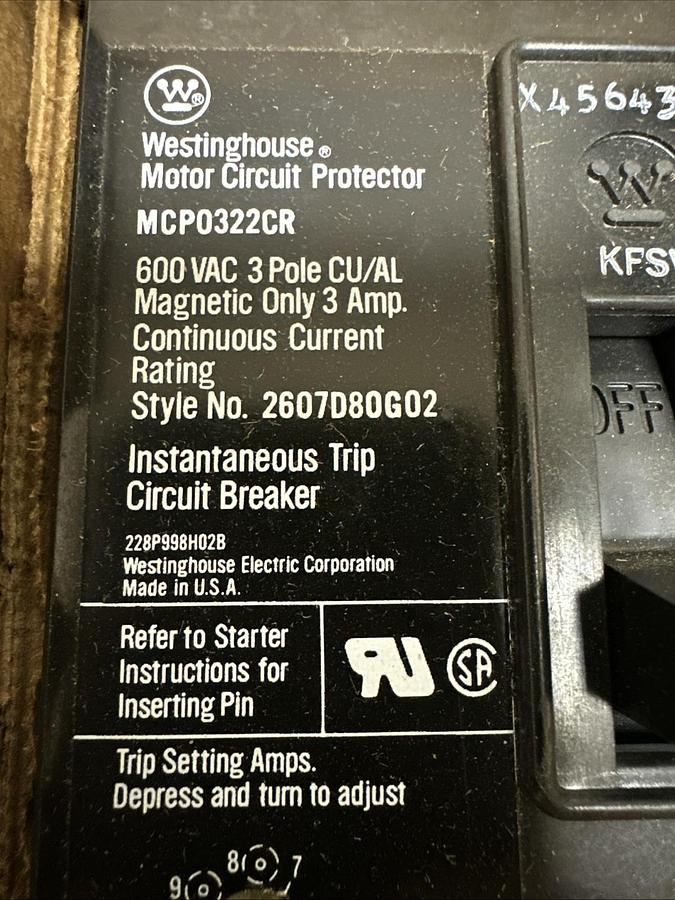 Used Westinghouse,MCP0322CR,3 Amp 3 Pole Instant Trip Circuit Breaker