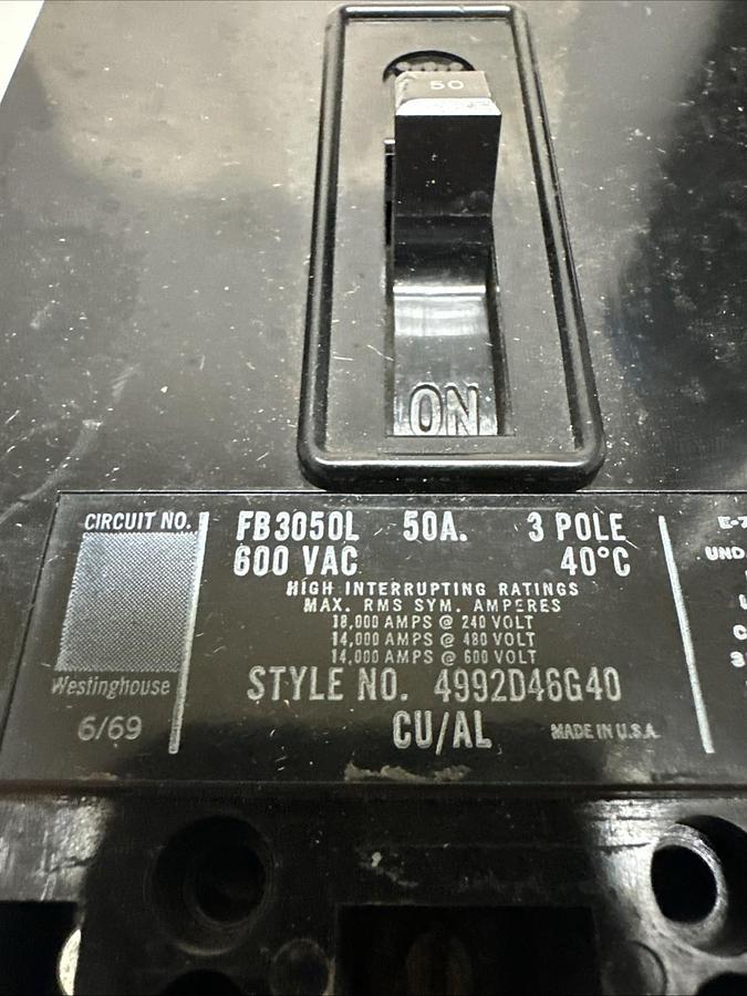 Used Westinghouse,FB3050L,50 Amp 3 Pole Circuit Breaker