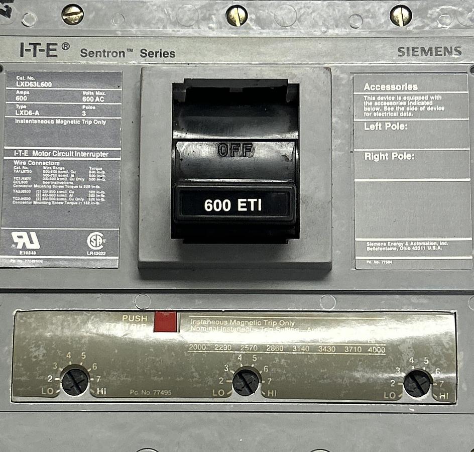SIEMENS,LXD63L600,TYPE LXD6-A CIRCUIT BREAKER 600A 600V 3P NOS