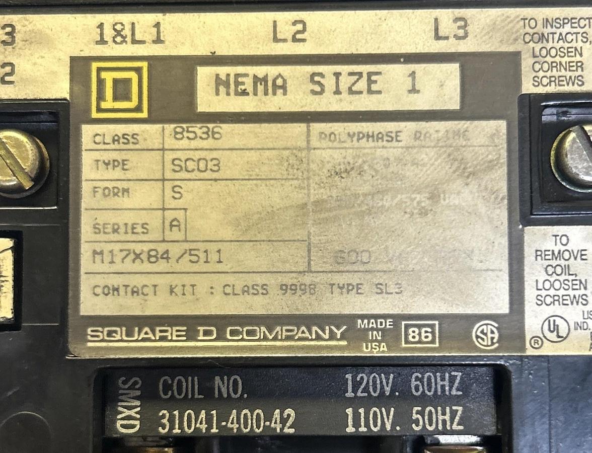 Used SQUARE D,8536SC03,STARTER SIZE 1 110/120V COIL