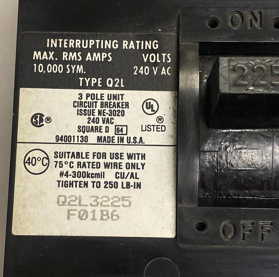 Square D,NE-3020 Q2L3225F01B6,Circuit Breaker 225A 240V 3 Pole NOS