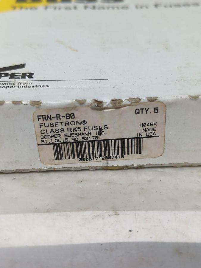 COOPER BUSSMANN,FRN-R-80,FUSETRON 80 AMP FUSES BOX OF 5 NOS