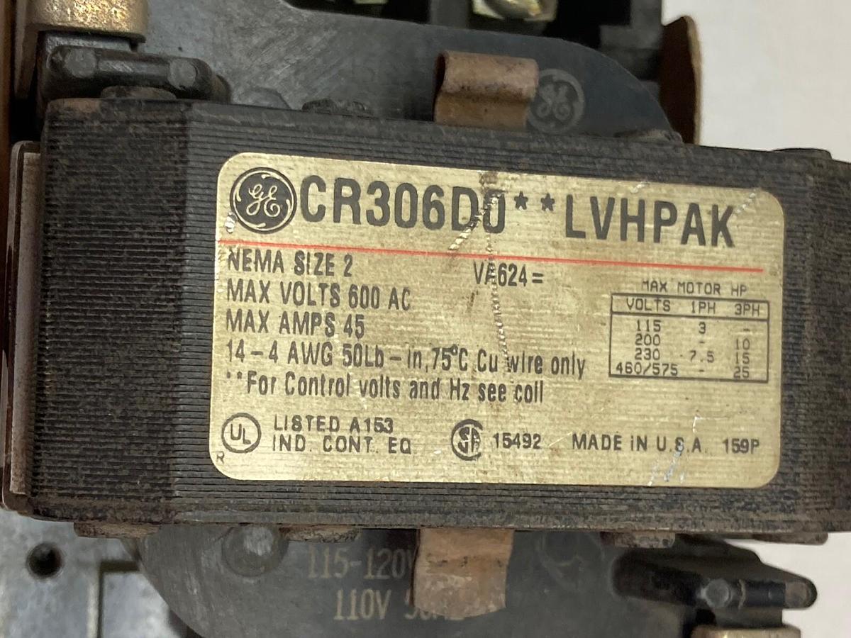 Used General Electric,CR306D0-LVHPAK,Size 2 Magnetic Contactor 600Vac 45A
