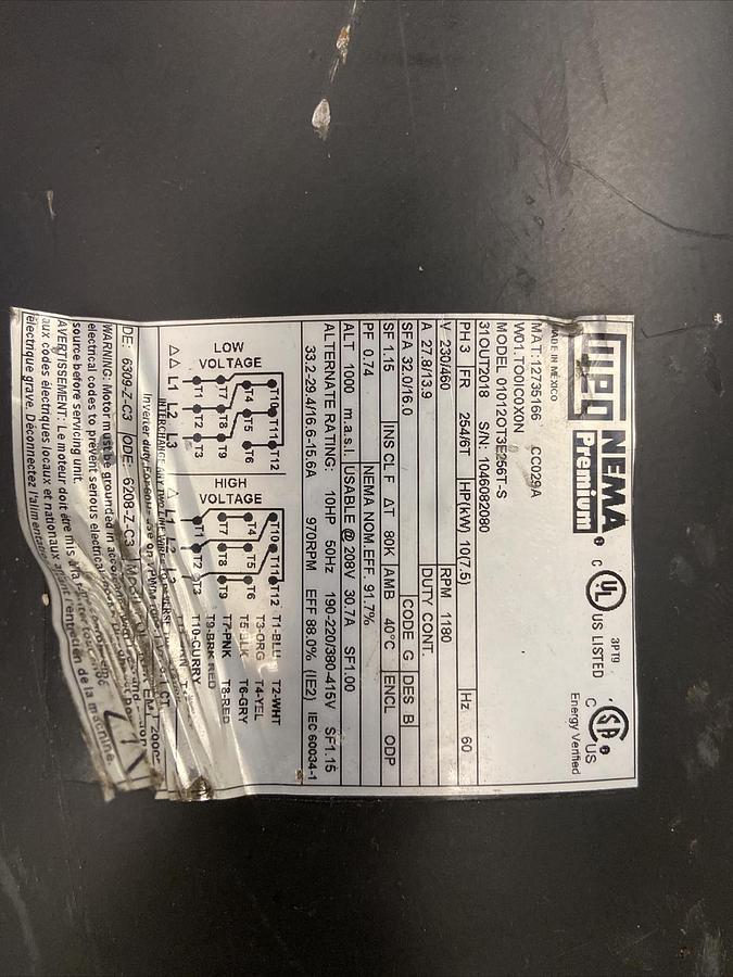 WEG,010120T3E256T-S,10Hp Motor 1180RPM 230/460V Frame 254T 256T