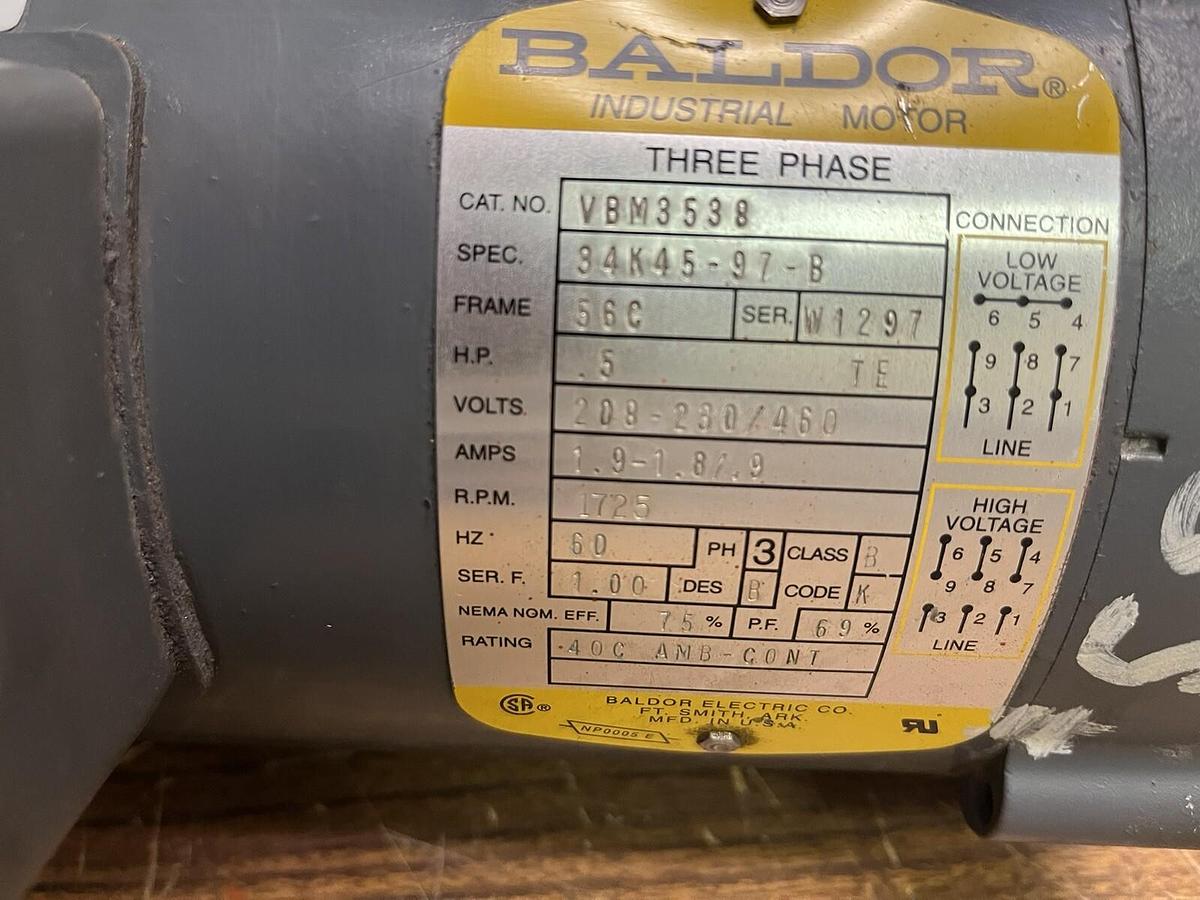 Used BALDOR,VBM3538,BRAKE MOTOR 1/2HP 3PH 1725RPM 56C