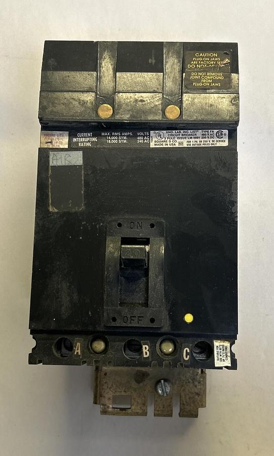 Used SQUARE D,FA34020,I-LINE CIRCUIT BREAKER 20A 480V 3P