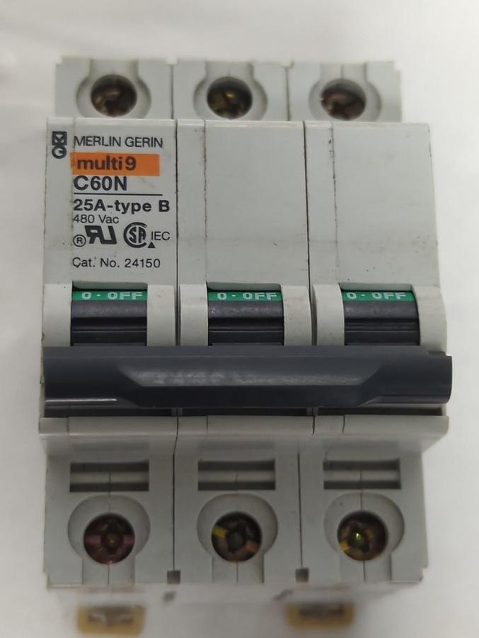 Used MERLIN GERIN,24150,CIRCUIT BREAKER C60N TYPE B 25 AMP 3-POLE 480 VAC PRE-OWNED