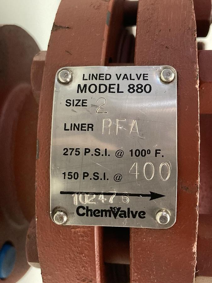 Used Chemvalve,Model 880,Size 2 Lined Valve PFA 150/275 PSI 102476