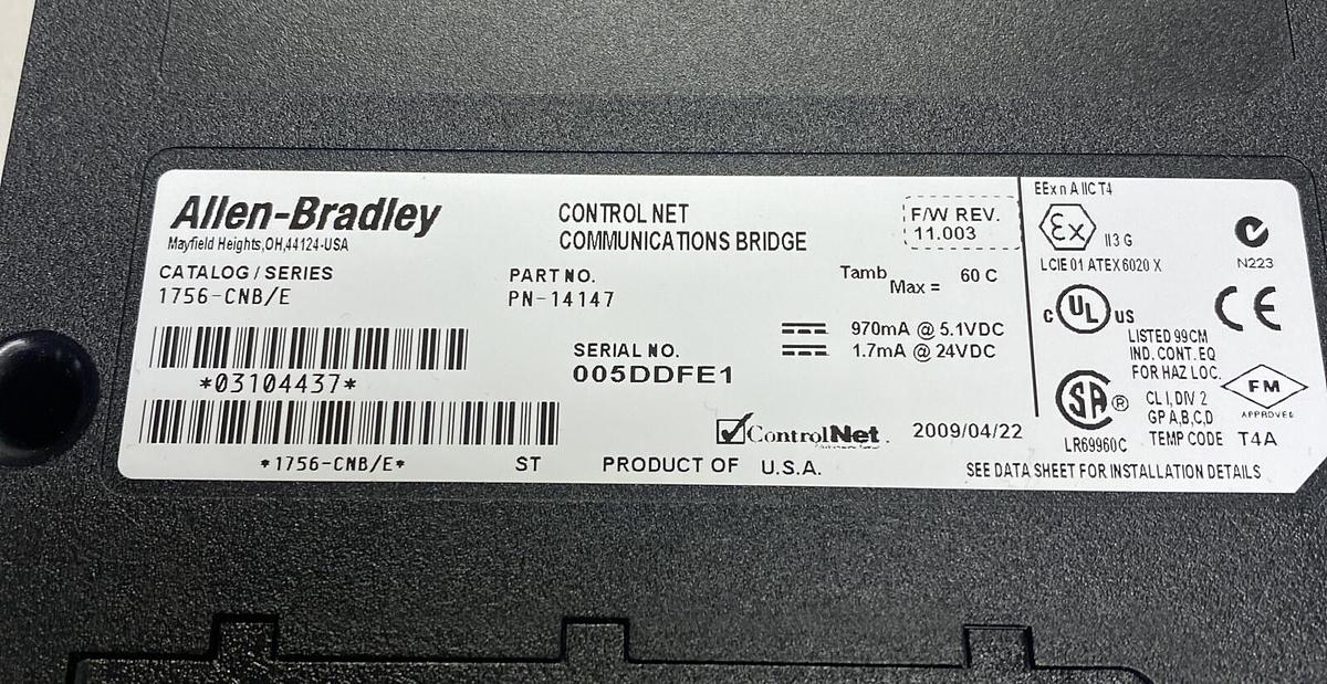 Used ALLEN BRADLEY,1756-CNB,SER E CONTROLNET COMMUNICATIONS BRIDGE MODULE