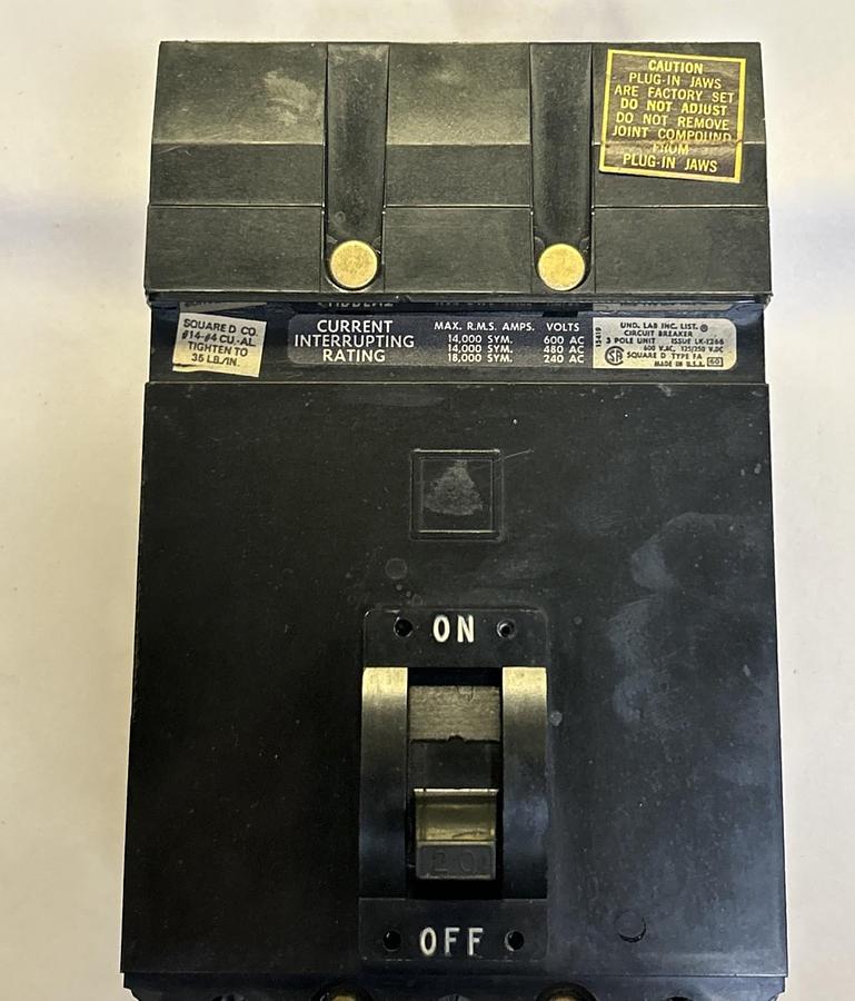 Used SQUARE D,FA36020,I-LINE CIRCUIT BREAKER 20A 600V 3P