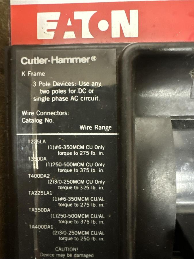 Used Cutler-Hammer,KN360400A,400Amp 3 Pole Molded Circuit Breaker