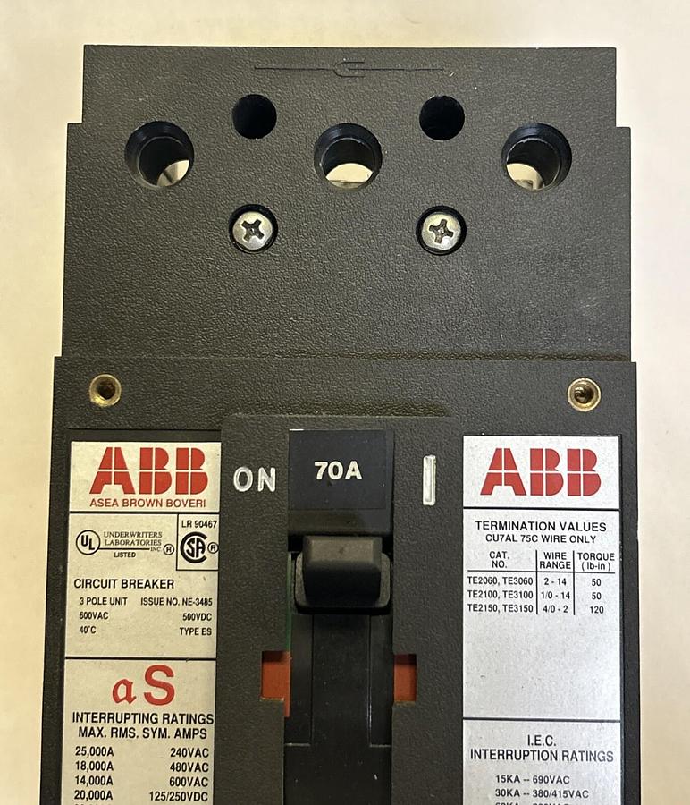 ABB,ESB63070L,CIRCUIT BREAKER 70A 600V 3P NOS