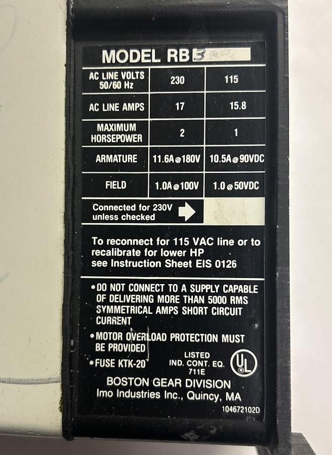 Used BOSTON GEAR,RB3R,DC MOTOR CONTROL 1-2HP REFURBISHED