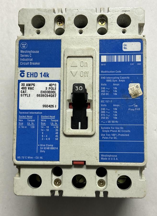 Used WESTINGHOUSE,EHD3030L,CIRCUIT BREAKER 30A 480V 3P