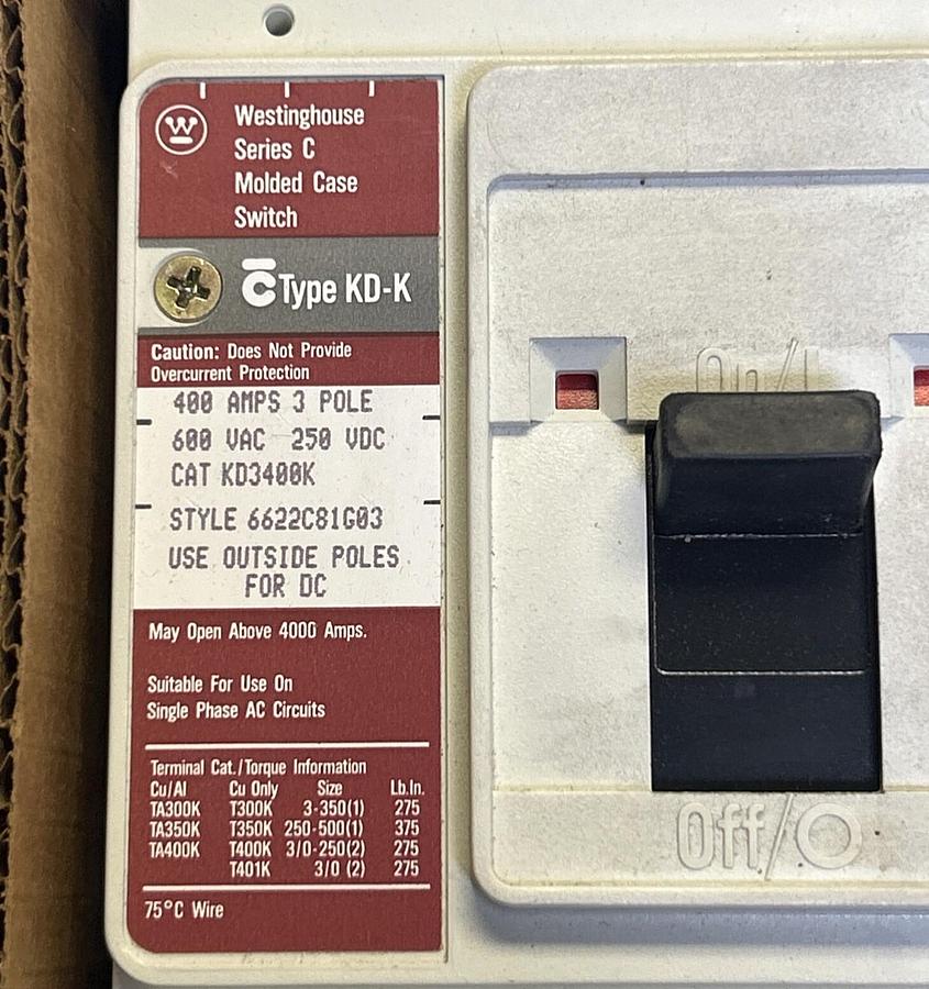 WESTINGHOUSE,KD3400K,CIRCUIT BREAKER 400AMP 3POLE 600VAC NEW