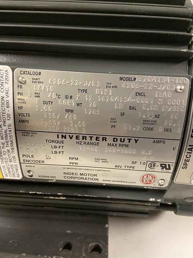US Motors,16704134-100,3HP Inverter Duty Motor 1765RPM 230/460V Frame 184TC