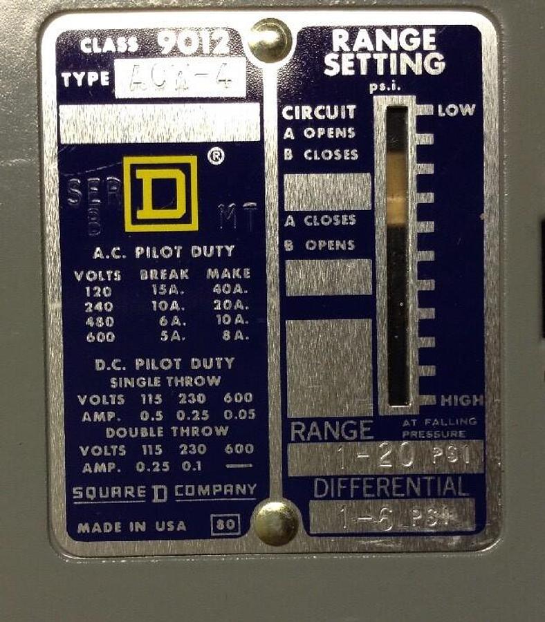 Square,D 9012-ACW-4,Series B Pressure Switch 1-20 PSI
