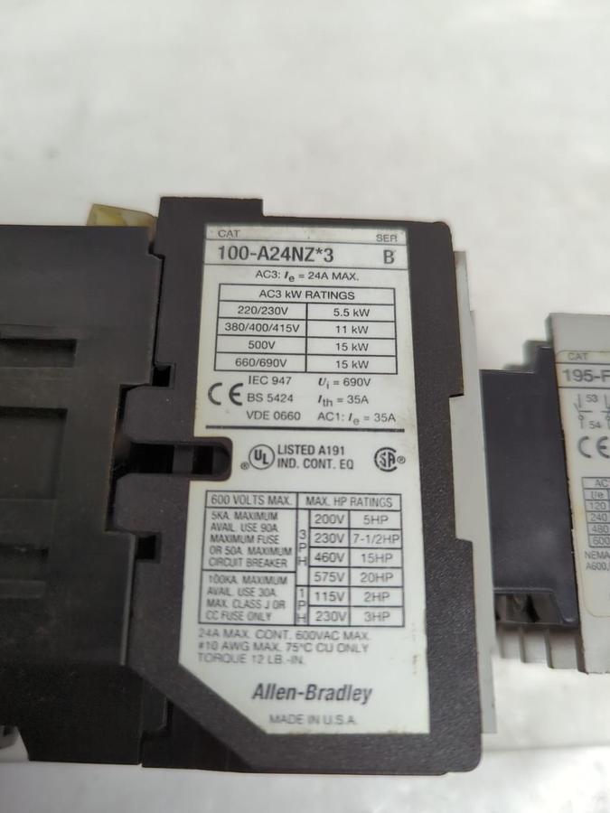 Used ALLEN BRADLEY,100-A24NZ*3,CONTACTOR WITH 195-FA22 PRE-OWNED