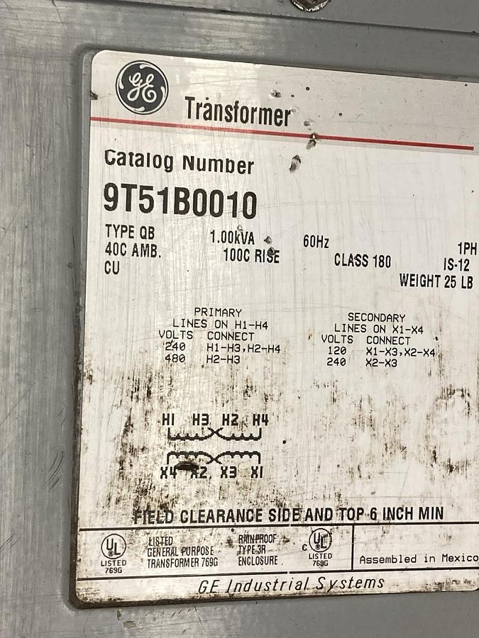Used GE,9T51B0010,1-Phase Transformer Type QB 1.00kVA 60Hz Class 180