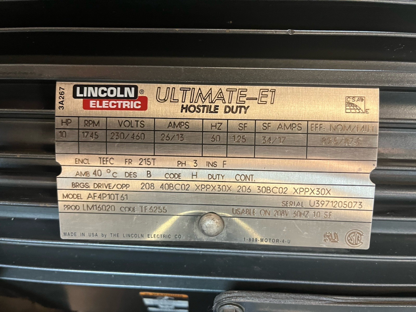 LINCOLN,AF4P10T61,ULTIMATE-E1 HOSTILE DUTY MOTOR 10HP 1745RPM 3PH 230/460V 215T