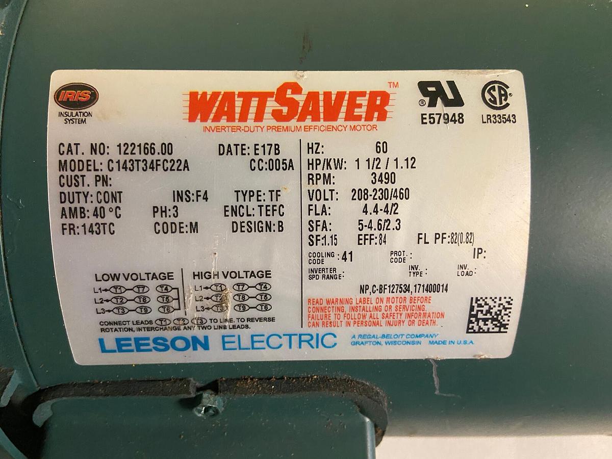 Leeson,122166.00,1-1/2Hp Wattsaver Motor 3490RPM 208-230/460V Frame 143TC