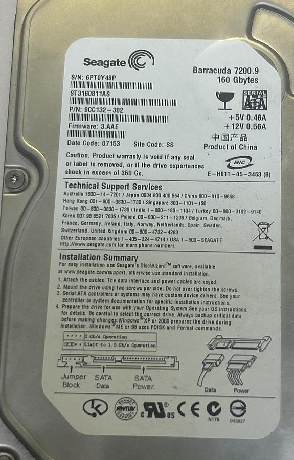 Used SEAGATE,9CC132-302,HARD DRIVE 160GB