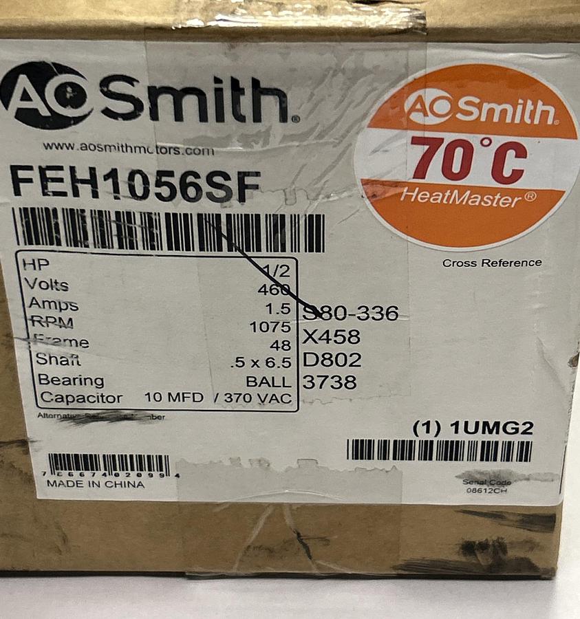 Used AO SMITH,FEH1056SF,1/2HP 460V 1075RPM 48 FRAME NEW