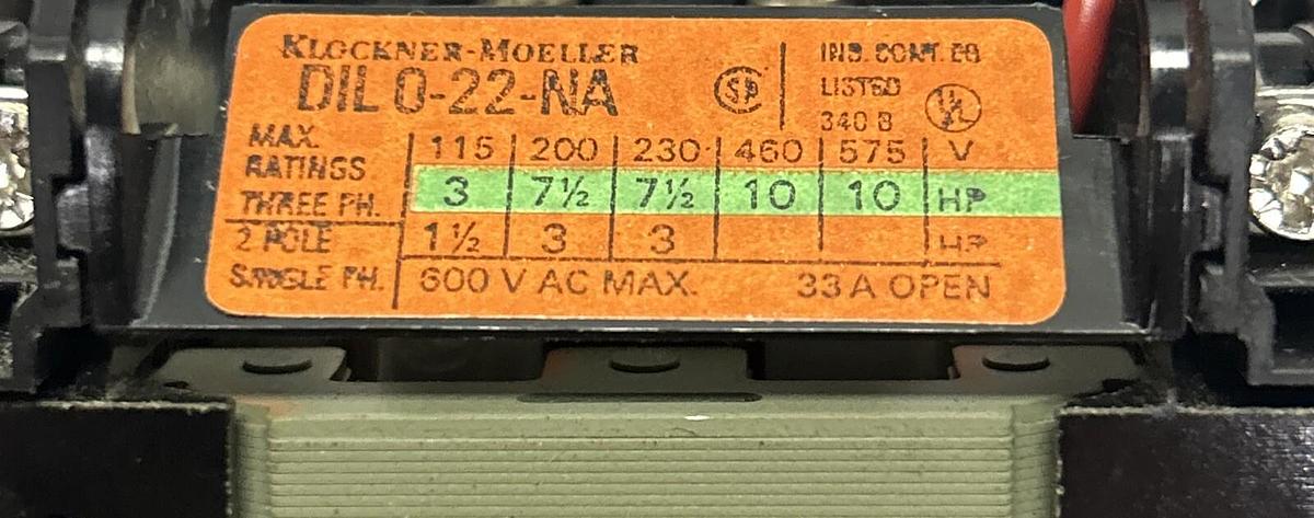 Used KLOCKNER MOELLER,DIL022-NA,CONTACTOR