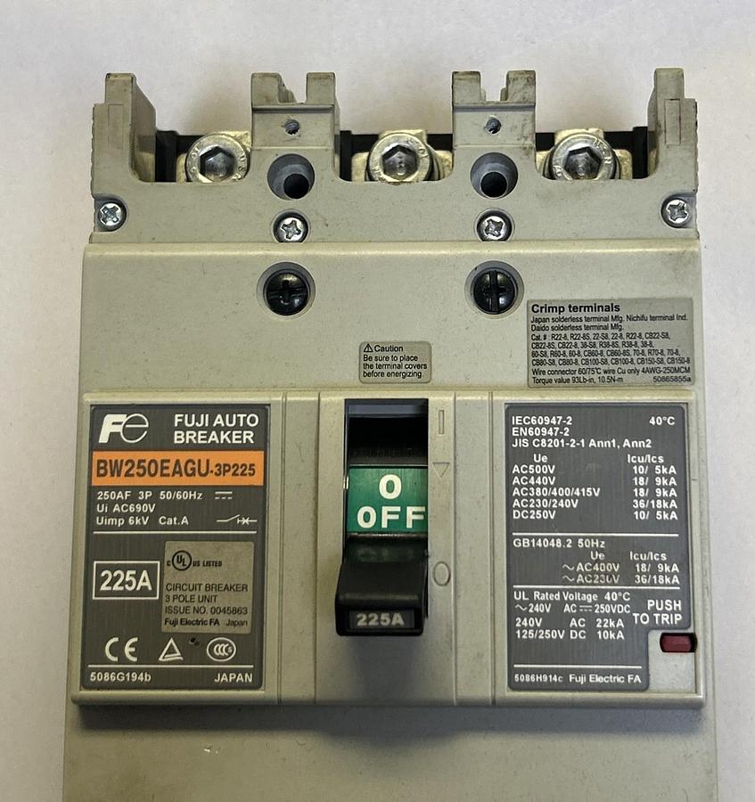 Used FUJI,BW250EAGU-3P225,CIRCUIT BREAKER 225A 690V 3P