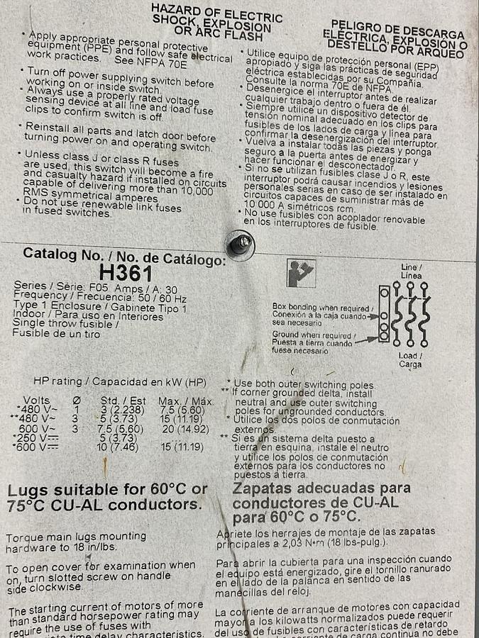 Used Square D,H361,Fusible Heavy Duty Safety Switch 600 VAC/VDC 30A