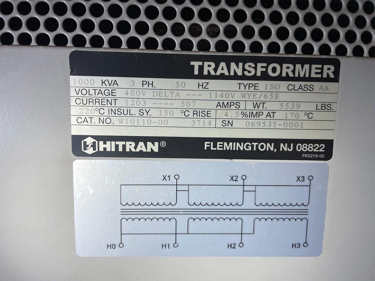 HITRAN,WI0110-00,INSULATED DRY TYPE TRANSFORMER 1000KVA PRI 480 TO 1140Y/658