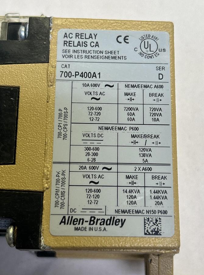 Used ALLEN BRADLEY,700-P400A1,AC RELAY