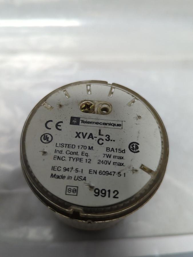 Used TELEMECANIQUE,XVA-LC3,CLEAR STACK LIGHT 7W 240V WITH BASE NO LAMP PRE-OWNED