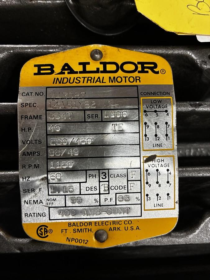 Used BALDOR,M4308T,AC MOTOR 40HP 1160RPM 3PH 364T