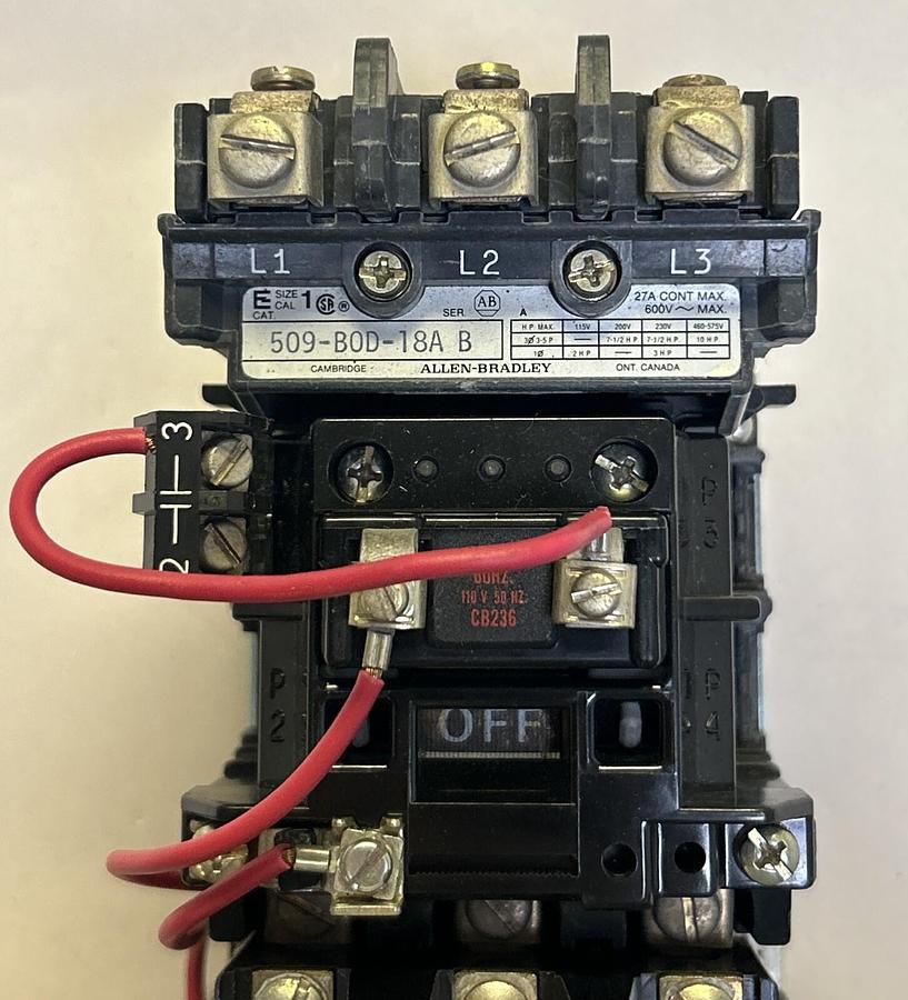 Used ALLEN BRADLEY,509-BOD-18A,NON REVERSING STARTER SIZE 1 27A 600V