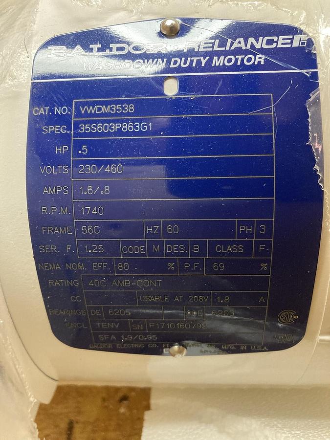 Used Baldor,VWDM3538,3-Phase Motor 0.5 Hp 1740RPM 56C Frame
