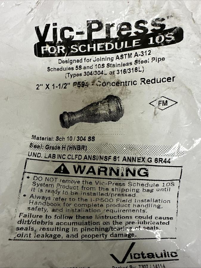 Used Vic-Press,P594,Concentric Reducer 2"x 1-1/2" SCH 10 304SS