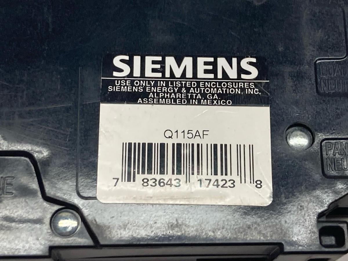 Used Siemens,Q115AF,1-Phase Circuit Breaker 15A 120V Type QAF