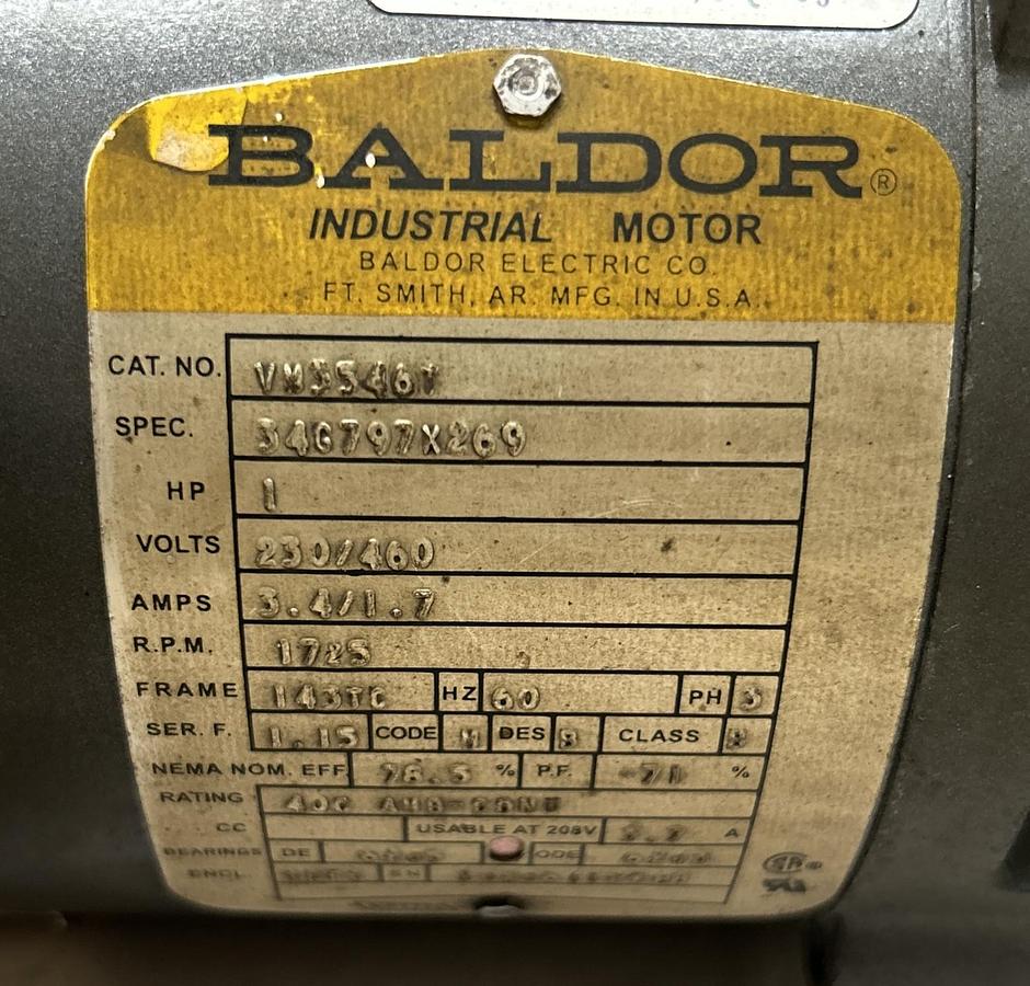 Used BALDOR,VM3546T,INDUSTRIAL MOTOR 1HP 1725RPM 230/460V 3PH 143TC FRAME