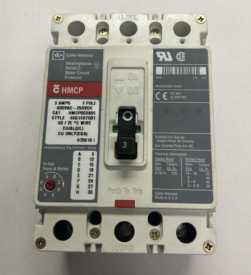 Used CUTLER HAMMER,HMCP003ADC,CIRCUIT BREAKER 3A 600V 3P