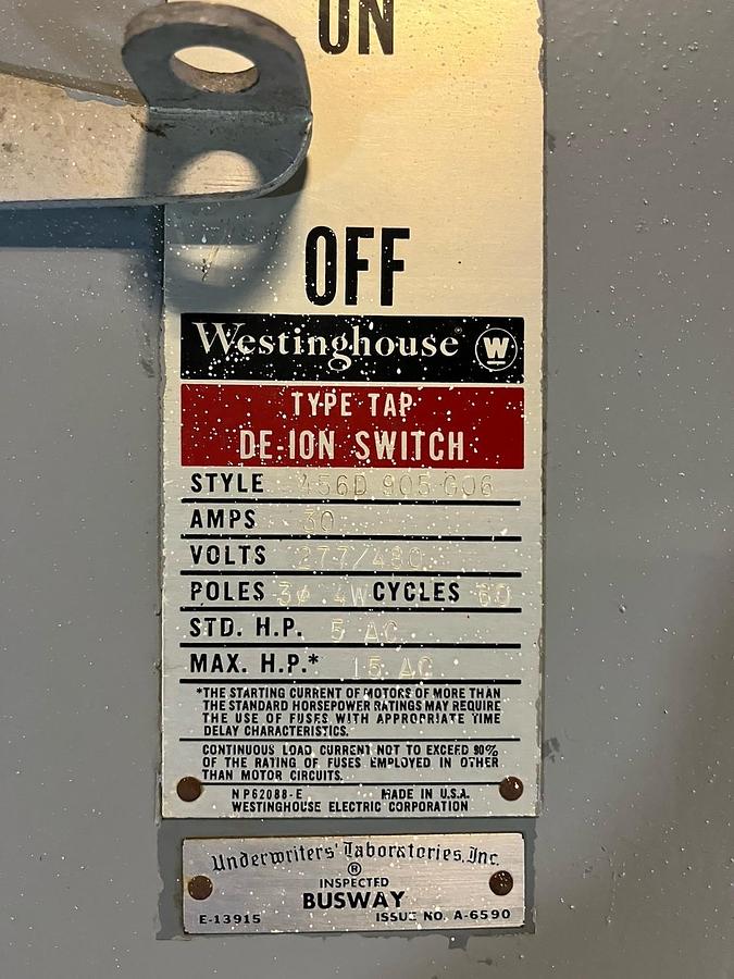 Used Westinghouse,TAP,BUSWAY BUS PLUG 30AMP 480/277V 3PH 456D-905-G06