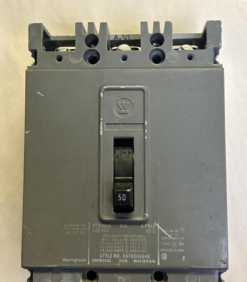 Used WESTINGHOUSE,HFB3050,CIRCUIT BREAKER 50A 600V 3P