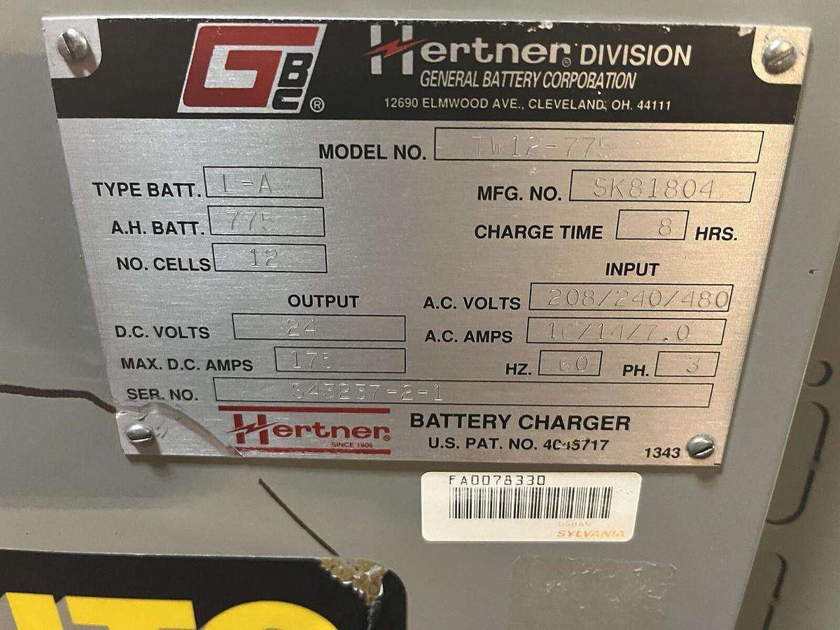 Used HERTNER,TW12-775,FORKLIFT BATTERY CHARGER NO CABLES 3PH 24VDC 12 CELL