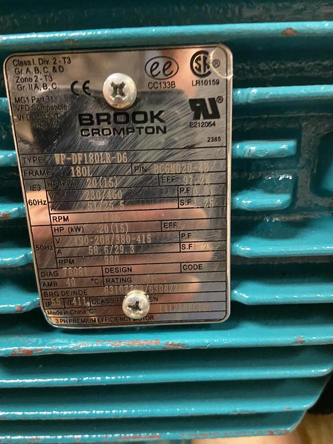 Brook Crompton,WP-DF180LR-D6,20 Hp Motor 1175RPM 230/460V Frame 180L